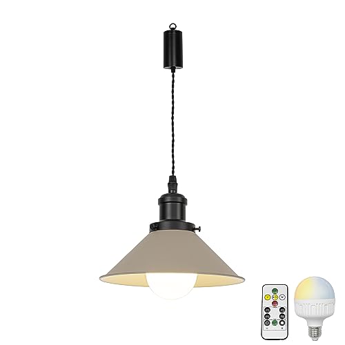 ペンダントライト 引っ掛けフック式 5W充電電球付き 調光調色 リモコン付き 多様な色温度を切り替え可 コード100cm 収納コップ付き 定時可 RGB 口金E26 充電器付属 応急用可 充電式 飾り用リング付き カーキ色シェード