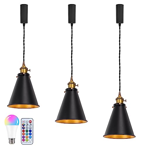 3個セット ペンダントライト 電球色＋11色RGB 吊り下げライト ダクトレール式 ライティングレール用 コード100cm 収納コップ付き リモコンつき タイマー機能 モード替え可 照度調節 RGB電球付属 回転スイッチ付き E26対応 外黒・裏ゴールド 直径19cm