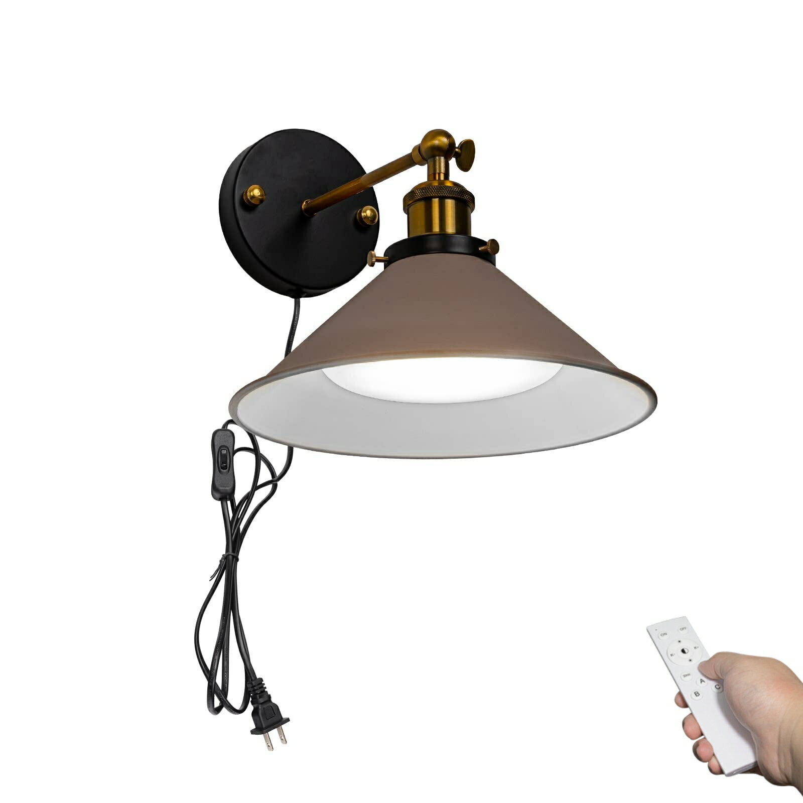 ブラケットライト　7W コード1.8M　調光調色可　角度調整可　昼光色?電球色　リモコン付き コンセント式 電球付属 照明 LED カーキ色　壁取付ランプ 壁掛けフックにて固定 穴あけ不要