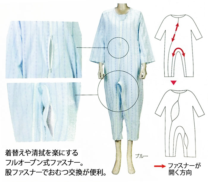 介護パジャマ 【1-厚手】 【2-スリーシーズン】 【3-薄手】 ソフトケアねまき 両開きファスナー つなぎねまき