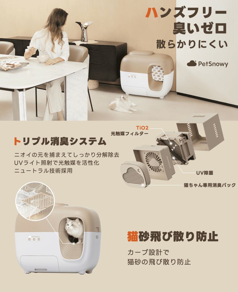 【送料無料】PetSnowy「新登場」猫 トイレ 自動 徹底消臭 猫トイレ 自動ネコトイレ 光触媒TiO2システム 猫 自動トイレ飛散防止 自動清掃 お留守番 専用APP IOS/Android対応 日本語説明書 静音 猫用トイレ 大型 2