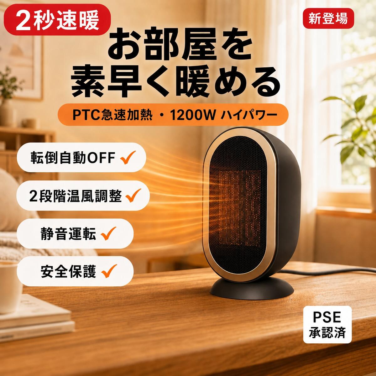 セラミックヒーター 小型 電気ファンヒーター 2秒速暖 暖房器具 マイナスイオン空気清浄 省エネ 速暖 大風量 コンパクト 1500W/900W 2段階温度調整 足元 ファンヒーター 過熱・転倒オフ保護 節電対策 窓下結露対策/寝室/トイレ/