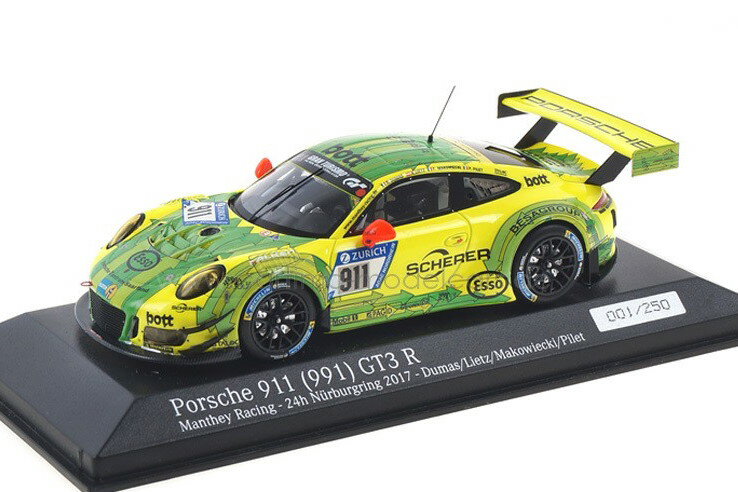 ミニチャンプス 1/43 ポルシェ 911 (991) GT3 R ニュルブルクリンク24時間耐久レース 2017 イエロー/グリーン 250台限定 Minichamps 1:43 Porsche 911 GT3 R 24h N rburgring 2017 Dumas / Lietz / Pilet yellow/green Limited Edition 250 pcs