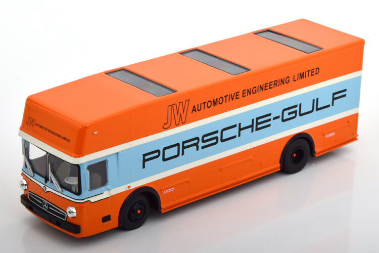 シュコー 1/64 メルセデス O317 ガルフ ポルシェ レーストランスポーター オレンジ/ライトブルー 開閉SCHUCO 1:64 Mercedes O317 Gulf Porsche race transporter orange lightblue