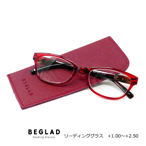 ■シニアグラス 老眼鏡 リーディンググラス【BEGLAD ビグラッド ケース付き】べっ甲柄 べっ甲風 4度数 おしゃれ スマホ老眼 レディース 母の日 敬老 ギフト レッド BGT1011RD　[後払不可]【楽ギフ_包装選択】 オプチカル