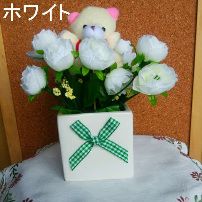 Flower Arrangements - くま 花 ギフト 造花 スクエアポットとクマピック付き 敬老の日 プレゼント 誕生日 お祝い アレンジメント お礼 子供