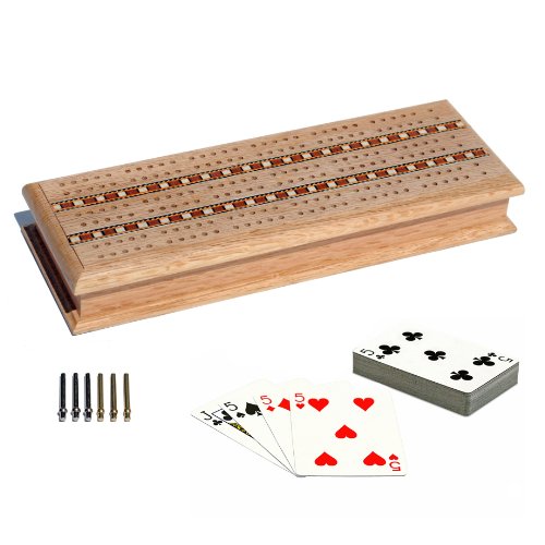 š̤ۡѡ̤ʡWE Games Cabinet Cribbage Set - Solid Oak Wood with Inlay Sprint 3 Track Board with Metal Pegs & 2 Decks of Cards