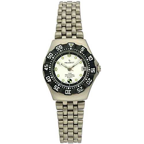【中古】【未使用・未開封品】Peugeot レディース シルバートーン ラウンドケースウォッチ - ブラック スポーツベゼル ブラックダイヤル 日付機能 ステンレススチールブレスレ