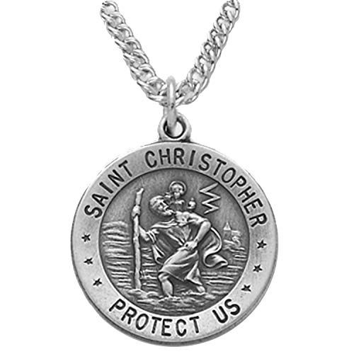 Sterling Silver Engraved Round Catholic Saint Christopher Protect Us Medal, 1.9cm