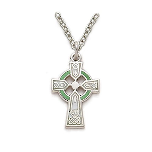 【中古】【未使用・未開封品】Sterling Silver 1.6cm Engraved Celtic Cross Necklace with Green Enam..