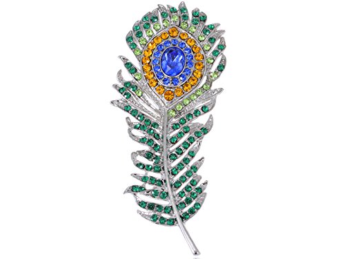 Alilang Art Deco Silvery Tone Peacock Feather Pin Brooch With Green Blue & Golden Crystal Rhinestones