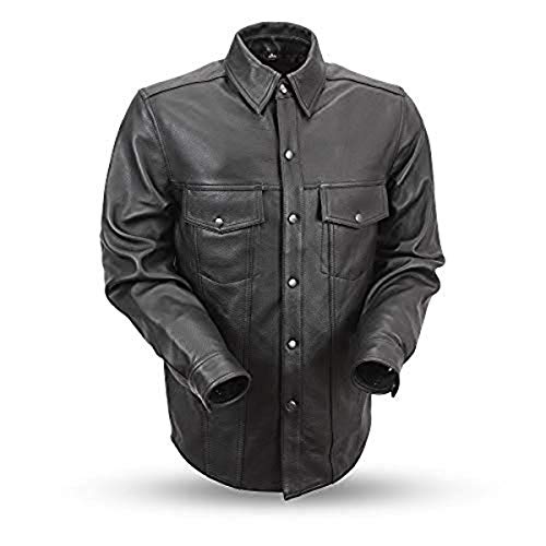 【中古】【未使用・未開封品】(Large) - First Manufacturing Men's Lightweight Leather Shirt (Black, Large)