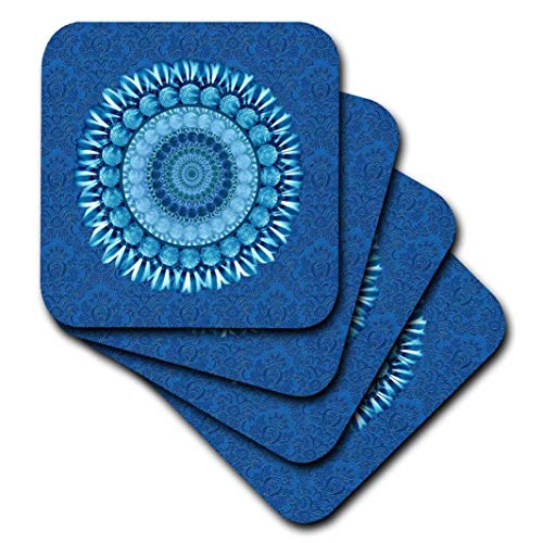 【中古】【未使用・未開封品】Jaclinartファンタジー花フローラルMandalaストライプデイジー???Cobalt Blue Floral Mandala on明るいブルーダマスク背景???コースター s