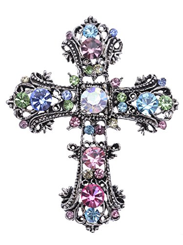 【中古】【未使用・未開封品】Alilang Antique Silvery Tone Multi Rhinestones Colorful Holy Cross Brooch Pin