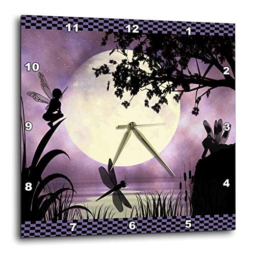 【中古】【未使用・未開封品】3dRose Fairies and Dragonflies 紫の月の壁時計、10×10インチ
