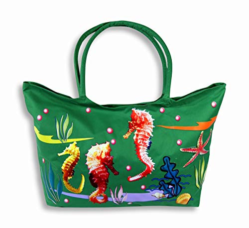Waterproof Jumbo Green Canvas Beach Tote Bag Seahorse Design Zipper Closure 24 x 38cm x 15cm