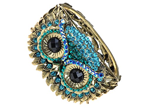 【中古】【未使用・未開封品】(Green) - Alilang Womens Antique Golden Owl Face Crystal Rhinestones Cuff Bracelet