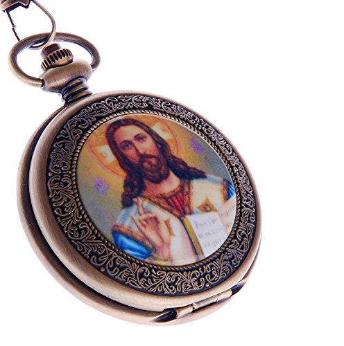 【中古】【未使用・未開封品】Jesus Christ Pocket Watchクォーツチェーン付きフルハンターブロンズケースアラビア数字pw-49