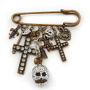 【中古】【未使用・未開封品】Avalaya 'Crosses, Hearts & Skulls' チャーム 安全ピン ブローチ ブロンズ仕上げ メタル -, One Size, 真鍮, 宝石なし。