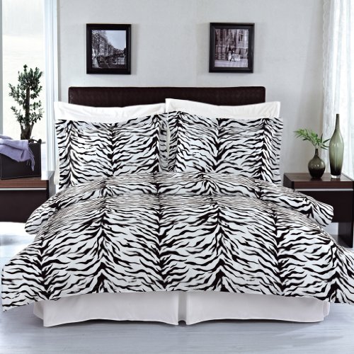 【中古】【未使用・未開封品】豪華な8?Piece Zebra Bed in aバッグセット。は羽毛布団カバーセット+エジプト綿100?%ベッドシートセット+ダウン代替掛け布団 クイーン