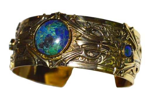 【中古】【未使用・未開封品】Hand Polished Antique Brass Art Deco Motif Cuff Bracelet - Chrysocolla