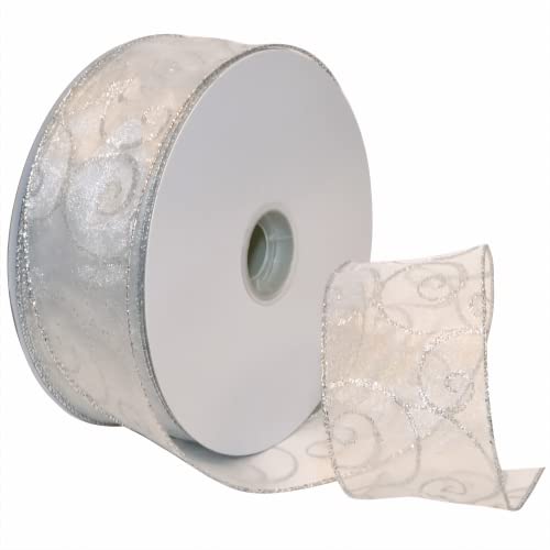 【中古】【未使用・未開封品】Morex Ribbon Swirl Wired Sheer Glitter Ribbon, 2-1/2-Inch by 50-Yard Spool, White/Silver by Morex Ribbon