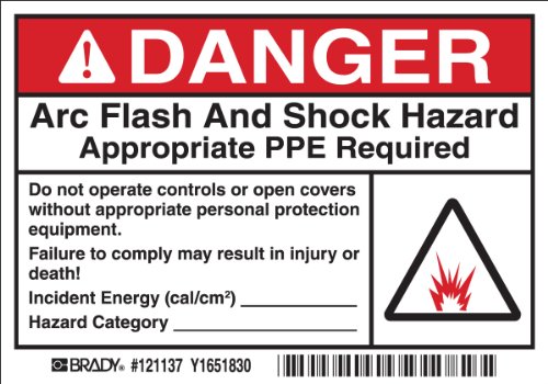 š̤ۡѡ̤ʡBrady 121137 Vinyl Film 3.5 x 5 Arc Flash &Shock Labels (Danger, Pictogram) , Black/Red/White On White, 3.5 Height x 5, Legend Danger