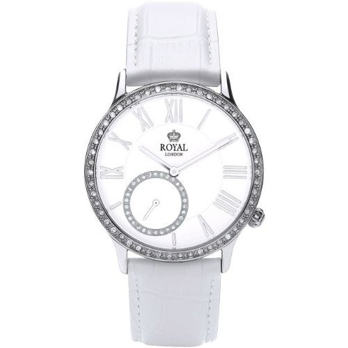 【中古】【未使用・未開封品】Royal London LadiesアナログCZセットベゼルホワイトレザーストラップウォッチ21157???01