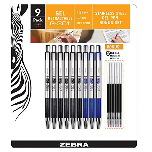 【中古】【未使用・未開封品】Zebra g-301ジェルステンレススチールペンwith Refillカートリッジ 9 Pens + 6 Refills Bundle