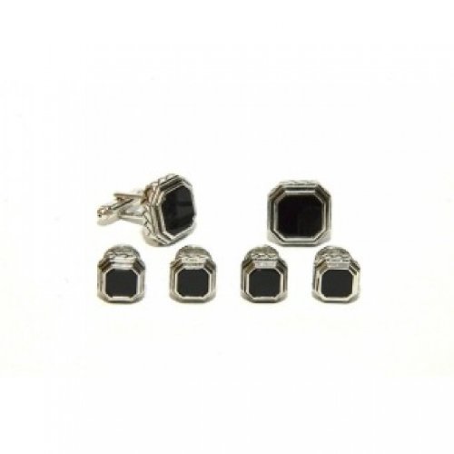 【中古】【未使用・未開封品】アンティークエッチング八角形ブラックオニキスCufflinks and Studs