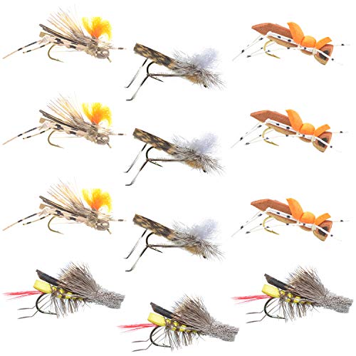 Trout Fly Assortment - Four Best Grasshopper Trout Dry Fly Fishing Flies Collection - 1 Dozen Flies - 4 Hopper Fly Patterns