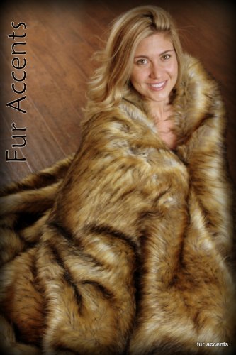 【中古】【未使用・未開封品】Fur Accents スローブランケット ゴールデンウルフフェイクファー ミンキーファー裏地/豪華で快適 大人用 サイズ 5フィートx6フィート