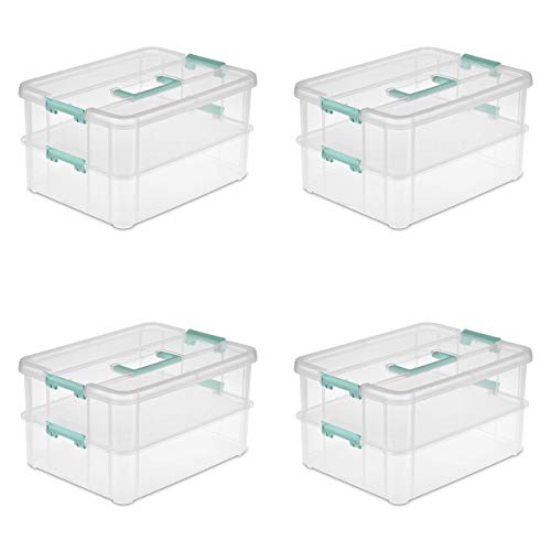 Sterilite 14228604 Stack & Carry 2 Layer Handle Box, Clear with Blue Aquarium Handle and Latches, 4-Pack by STERILITE