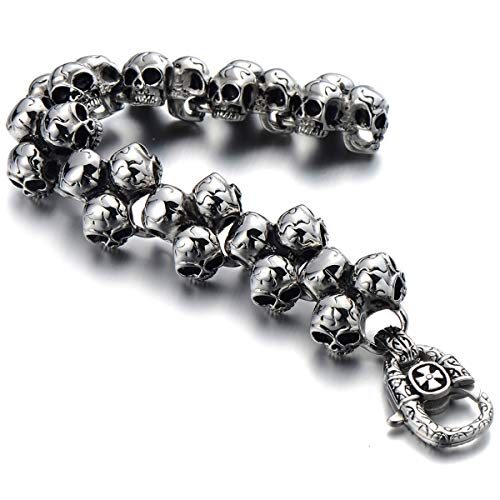 楽天AJIMURA-SHOP【中古】【未使用・未開封品】ゴシックパンクLargeステンレススチールTriple Skulls Bracelet for Men for BoysシルバーカラーPolished