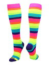 yÁzygpEJiz(Medium, Multi-Neon) - TCK Krazisox Rainbow Stripes Over the Calf Socks