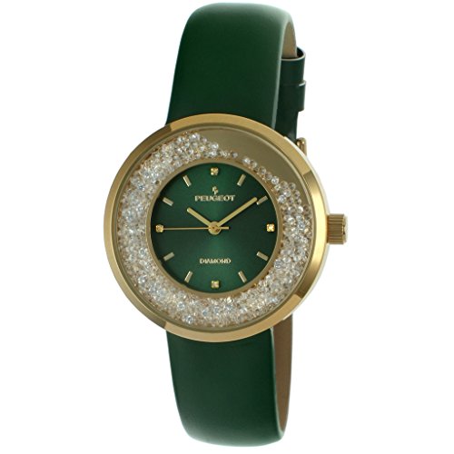 プジョーWomen 's RoundシルバースリムシンGenuine Diamond Floating CZブラックバンドドレスWatch 3041sbk グリーン