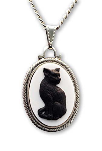 【中古】【未使用・未開封品】黒猫カメオアンティークシルバー仕上げピューターフレームペンダントネックレス