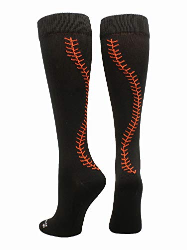(Small, Black/Orange) - MadSportsStuff Softball Socks with Stitches Over The Calf (Multiple Colours)