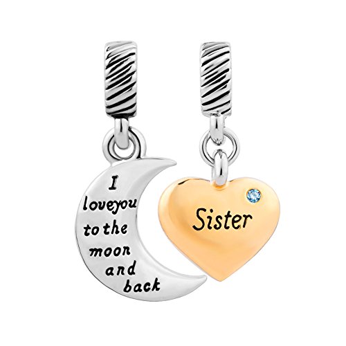 CharmSStory Sister Heart I Love You to The Moon and Back チャーム ジュエリービーズ ブレスレット用, 金属 シルバー