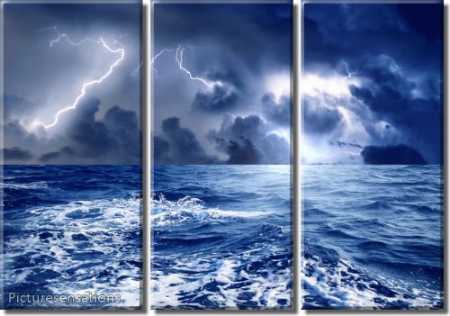 画像Sensations Framed Huge 3-panel Lightning Ocean Stormy Sea Gicleeキャンバス印刷