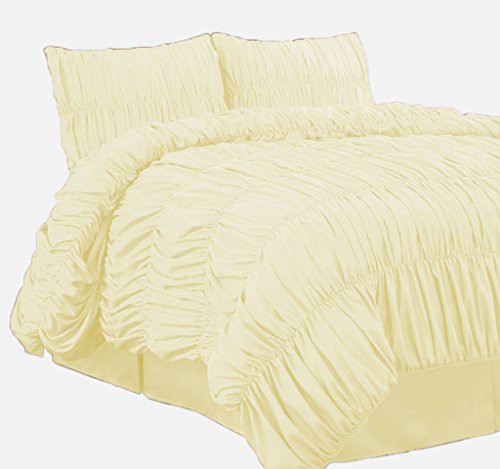 【中古】【未使用・未開封品】Gathered用フリル付き羽毛布団カバーセットwith Matching Pillowshams 500?TCエジプト綿クイーンアイボリー