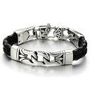 yÁzygpEJizExquisite Men's Stainless Steel Biker Curb Chain Bracelet with Black Braided Leather