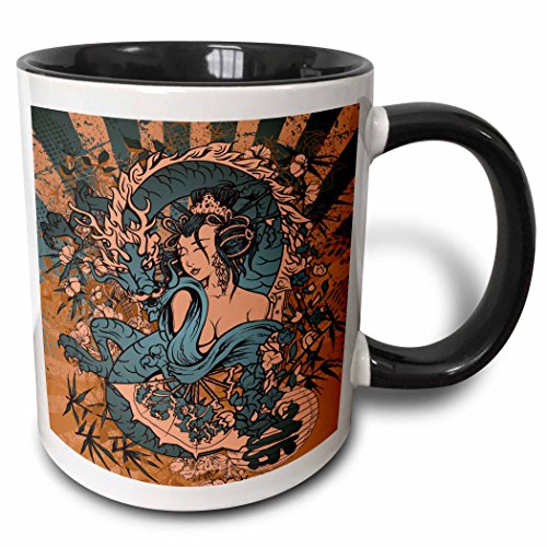 【中古】【未使用・未開封品】(330ml Two-Tone Black Mug) - 3dRose mug_119074_4 Beautfiul Grunge Style Japanese Geisha Girl Woman And Dragon Oriental Asian Design Two