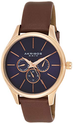【中古】【未使用・未開封品】Akribos XXIV Men 's ak870rgbu多機能クオーツMovement Watch withブルーDial and Genuineブラウンレザーストラップ