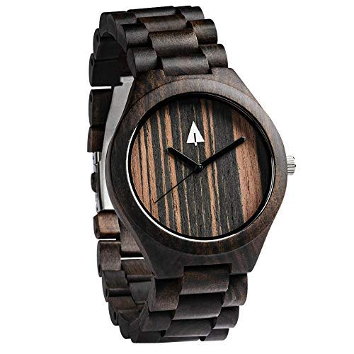 【中古】【未使用・未開封品】TreehutメンズブラックエボニーWooden Watch withすべて木製ストラップクォーツアナログwith品質Miyota Movement andステンレススチールtri-fold