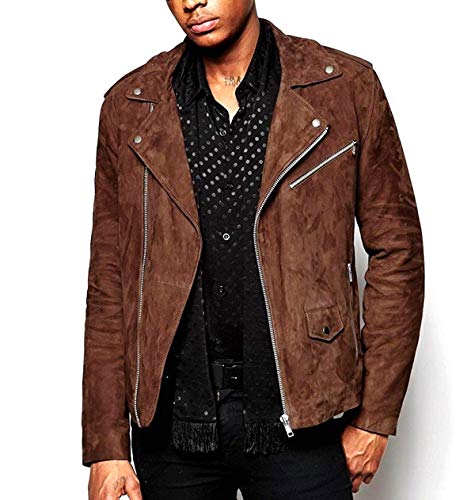 【中古】【未使用・未開封品】世界のレザー短いラムスキンスエードレザージャケットバイカーモト カラー: ブラウン