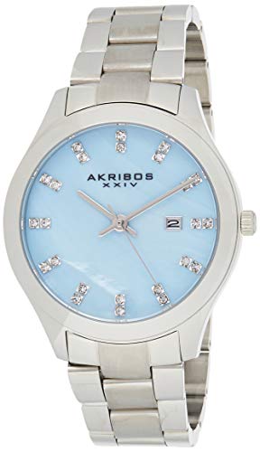 Akribos XXIV Women 'sシルバートーンCase With Genuine Swarovski Crystals andブルーマザーオブパールダイヤルのシルバートーンステンレススチ