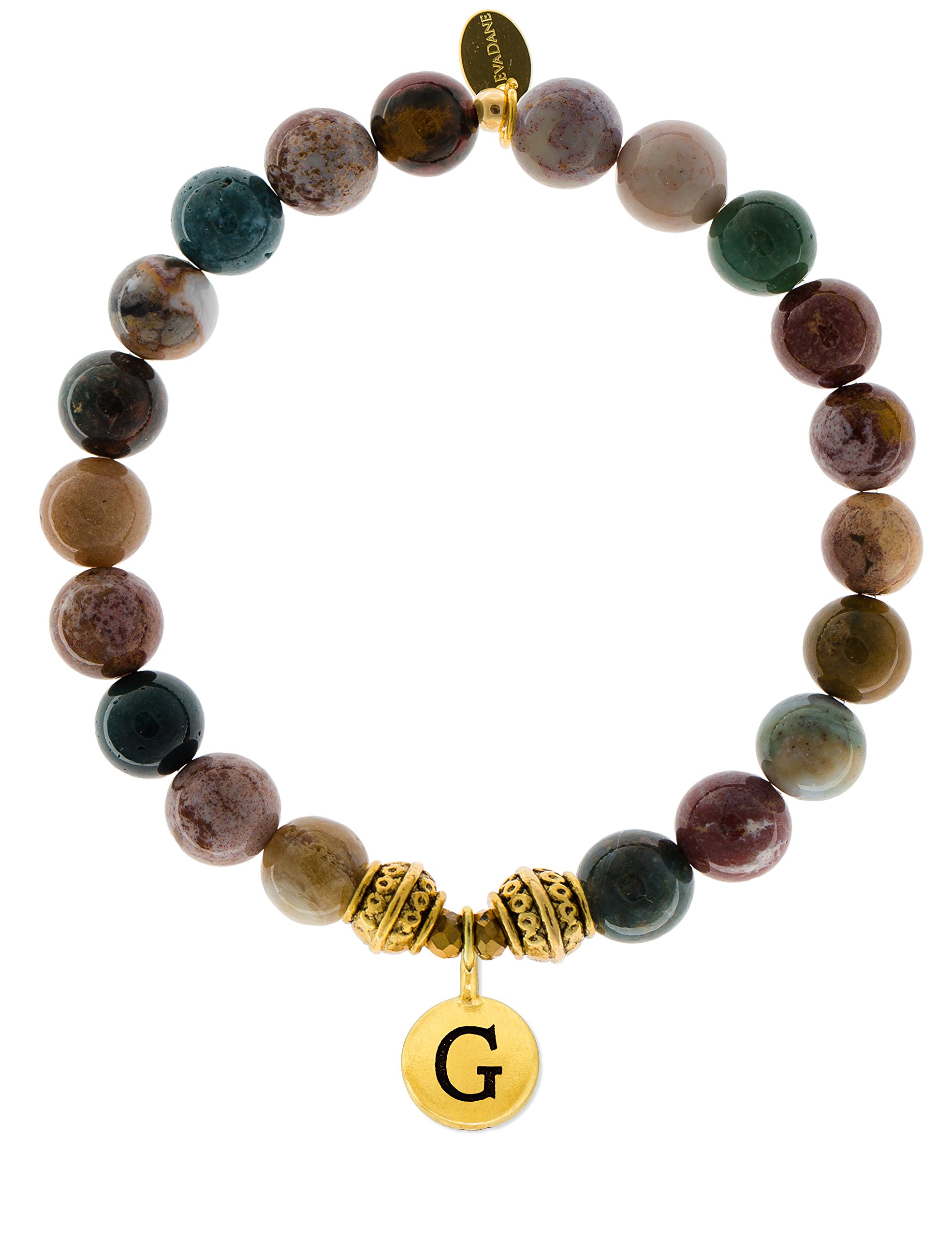 楽天AJIMURA-SHOP【中古】【未使用・未開封品】EvaDane天然チベットビーズオーシャンジャスパージェムストーンアルファベット文字Gチャームストレッチブレスレット