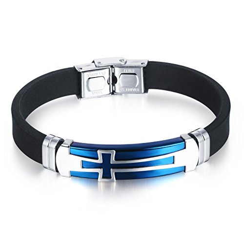 【中古】【未使用・未開封品】メンズヴィンテージホワイトステンレススチールシリコンブレスレットブルークロスPattren IDカフバングル手首バンド(4.0)
