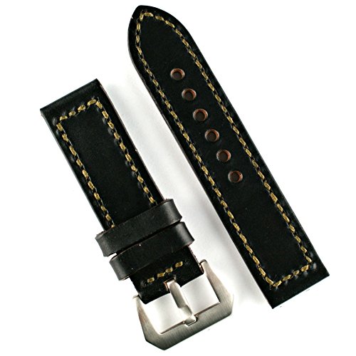 24?mmブラックHorween Chromexcelビンテージレザー時計バンドストラップカーキステッチ(Large長)